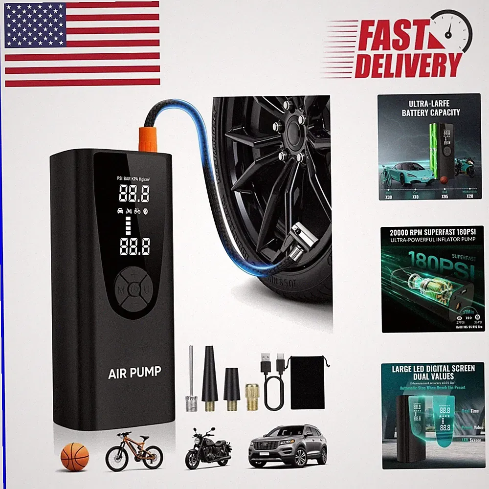Compact Tire Inflator with LED & Pressure Detection - Fast 180PSI Inflation