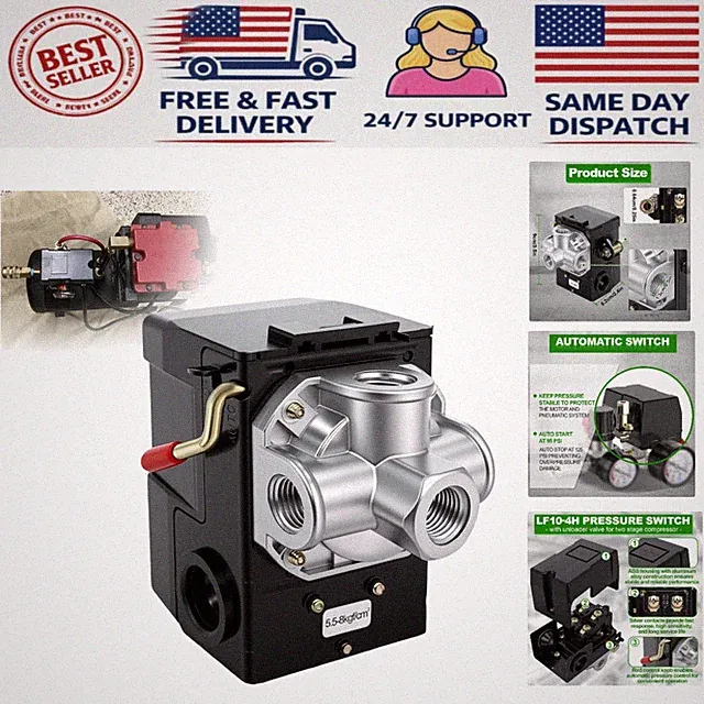 Reliable 4 Port Pressure Switch for Air Compressors - 95-125 PSI Control Range